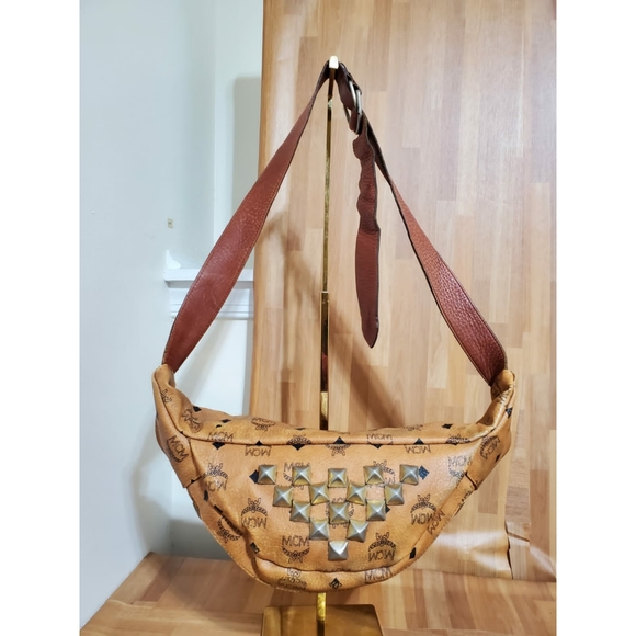 MCM Cognac Studded Visetos Belt Bag Fanny Pack Waist - Picture 2 of 14